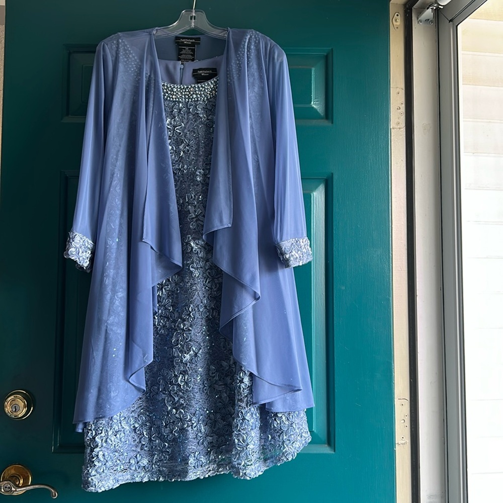 Elegant Blue Floral Dress with Sheer Overlay
